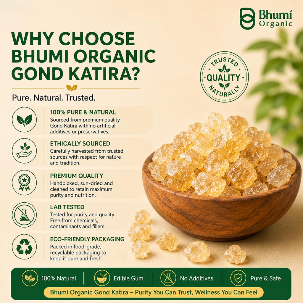 Bhumi Organic Gond Katira (Tragacanth Gum) | Natural Edible Gum for Summer Drinks, Body Cooling Ayurvedic Superfood, Gluten-Free