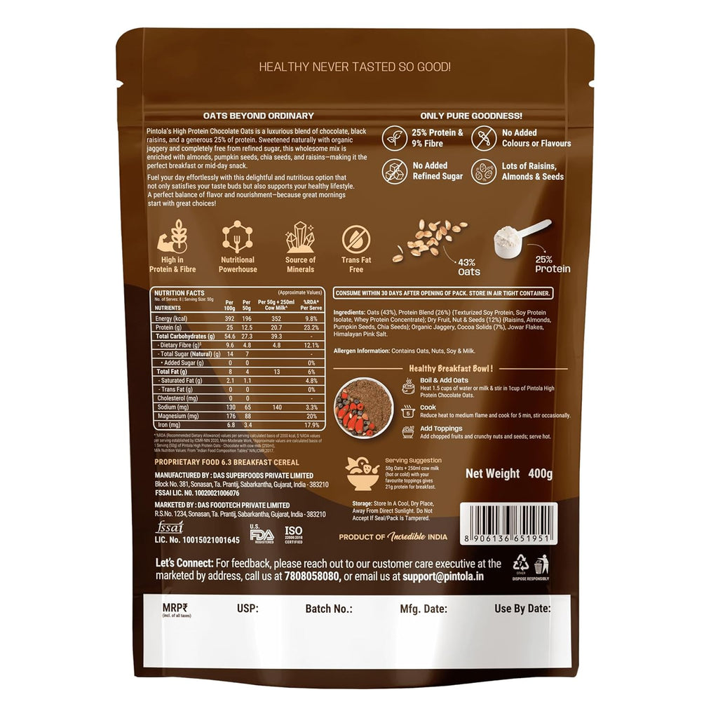 PINTOLA 25g High Protein Oats 400g, Dark Chocolate,No Refined Sugar, with Almonds Raisin, Pumpkin and Chia Seeds, 8g Fibre, Rolled Oats for weight loss, Breakfast Cereals | Gluten Free