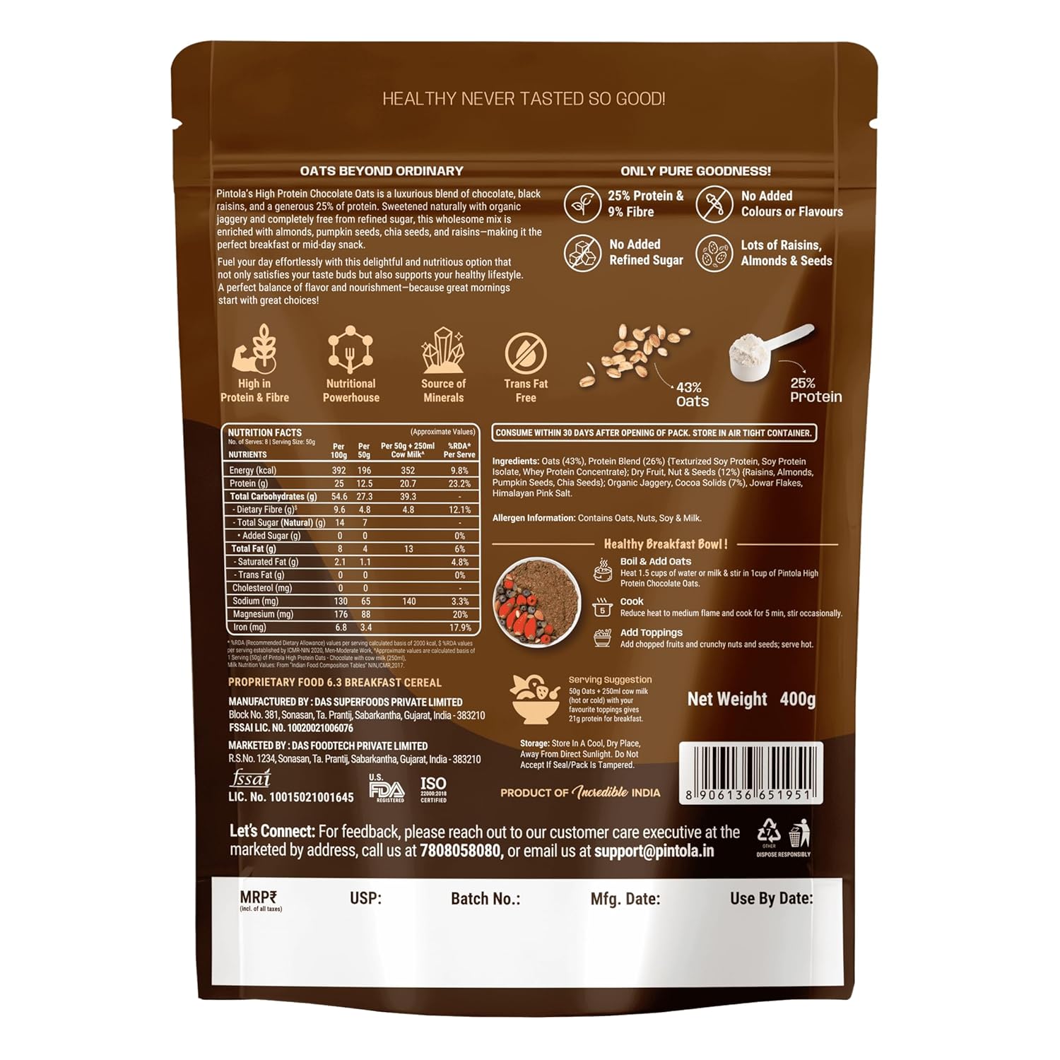 PINTOLA 25g High Protein Oats 400g, Dark Chocolate,No Refined Sugar, with Almonds Raisin, Pumpkin and Chia Seeds, 8g Fibre, Rolled Oats for weight loss, Breakfast Cereals | Gluten Free