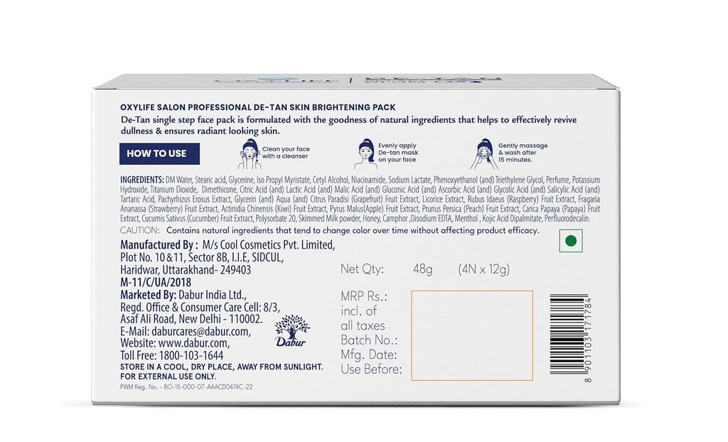 Oxylife Salon Professional De-Tan Pack - 12g x 4 (48g) | 15-Min Tan Removal Cream | With Kojic Acid, Milk & Honey | Suitable for Men & Women | Dermatologically Tested | Sulphate & Paraben Free