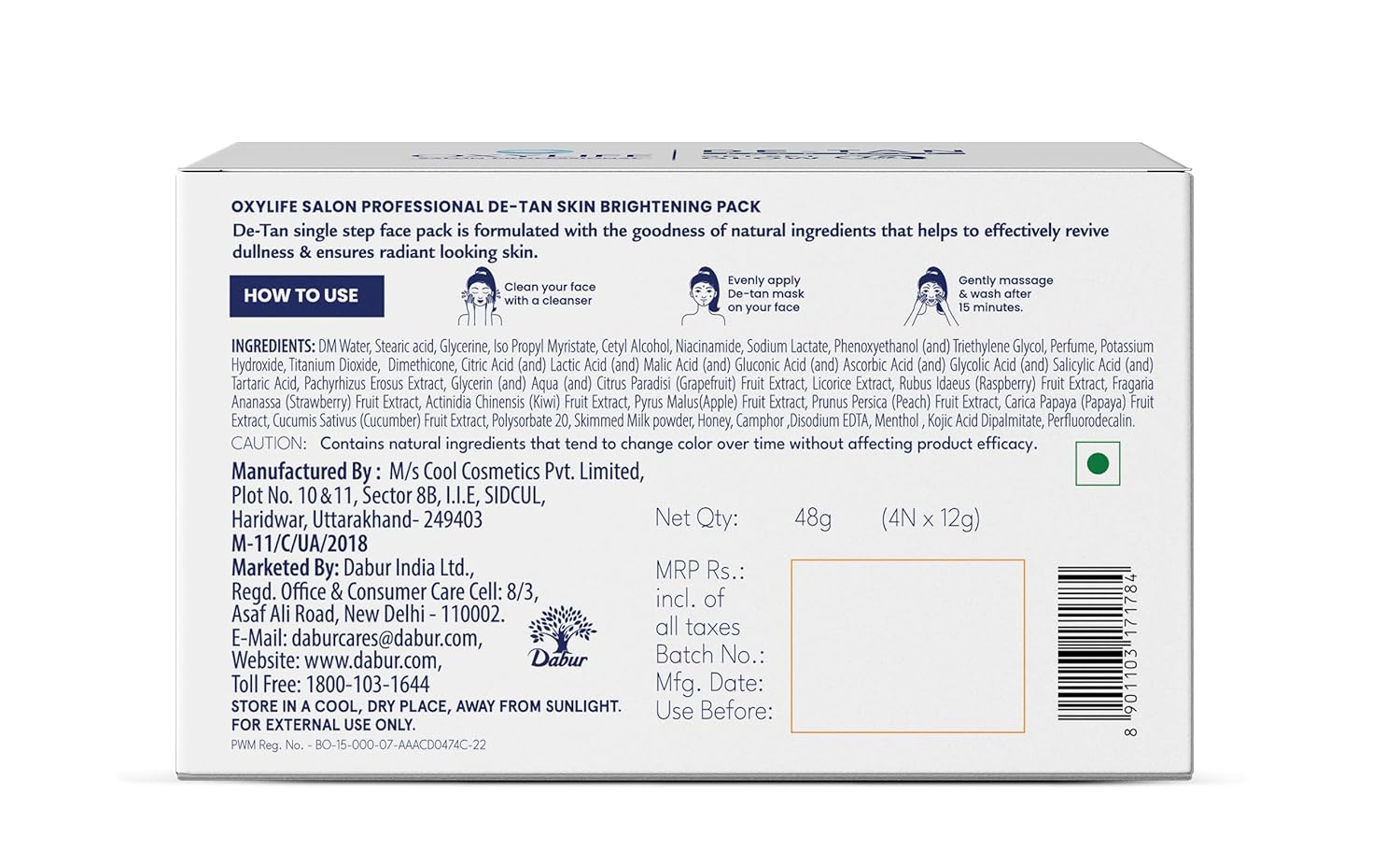 Oxylife Salon Professional De-Tan Pack - 12g x 4 (48g) | 15-Min Tan Removal Cream | With Kojic Acid, Milk & Honey | Suitable for Men & Women | Dermatologically Tested | Sulphate & Paraben Free