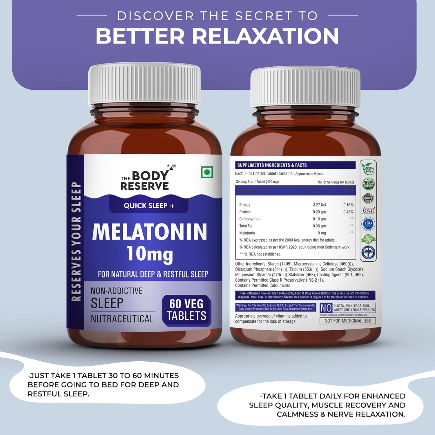 The Body Reserve Melatonin 10mg - 60 Veg Tablets for Sleep Support, Nerve Relaxation, and Stress Relief - Non-Habit Forming for Men & Women