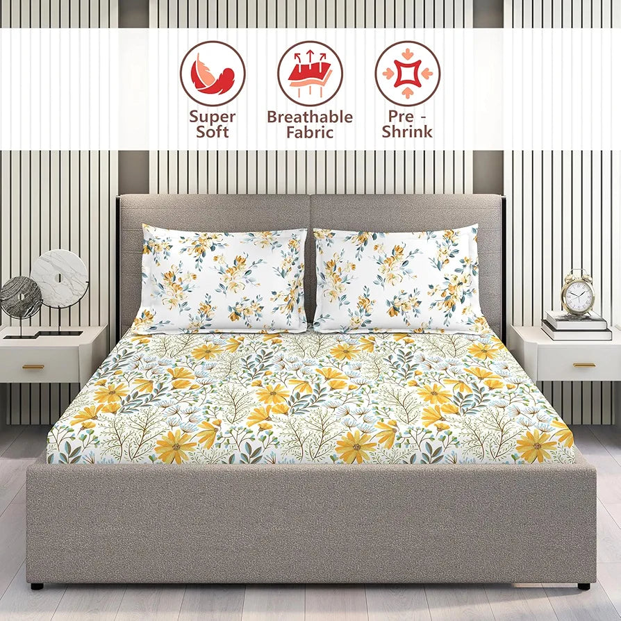 Layers Illuminating Homes Cotton Bedsheet Set for All Seasons Lightweight 144 TC Queen Size Yellow Floral