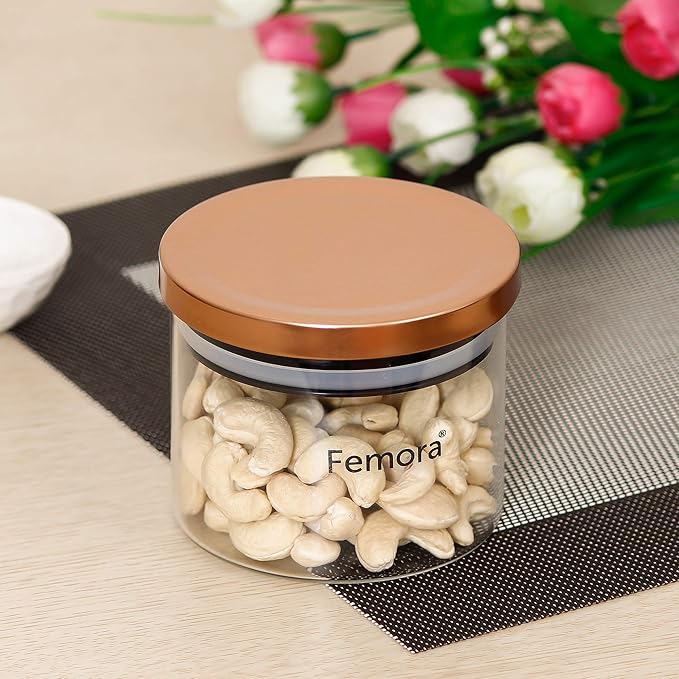 Femora Borosilicate Glass Jar With Golden Metallic Lid | Jars for Kitchen Storage | 300 Ml | Set of 2