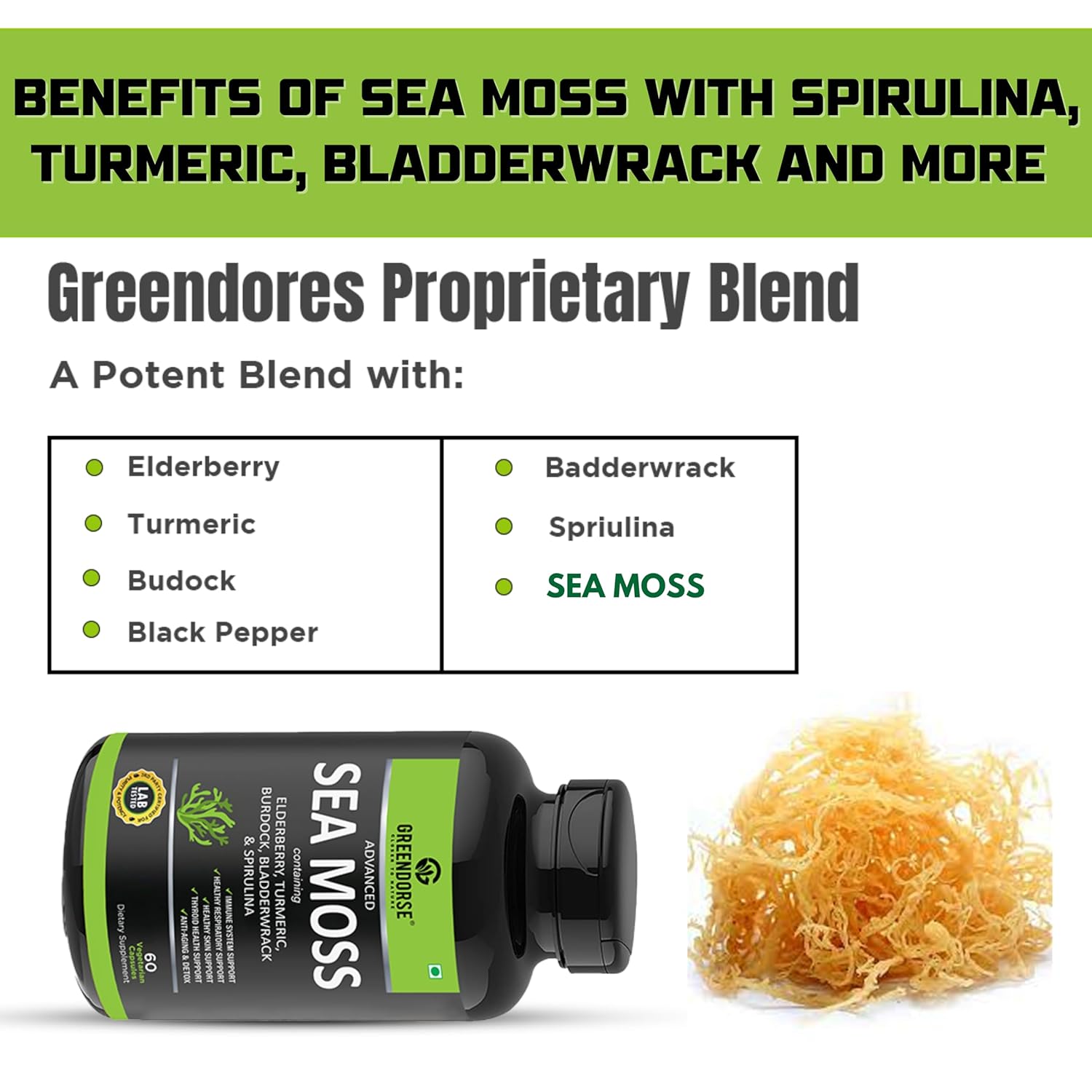 GREENDORSE Irish Sea Moss Vitality Capsules 7 In1 Formula-Gut Cleanse,Immunity,Joint & Thyroid Support-With Spirulina,Turmeric,Bladderwrack,Burdock|Superfood High In 90+ Minerals-60 Veg Capsules