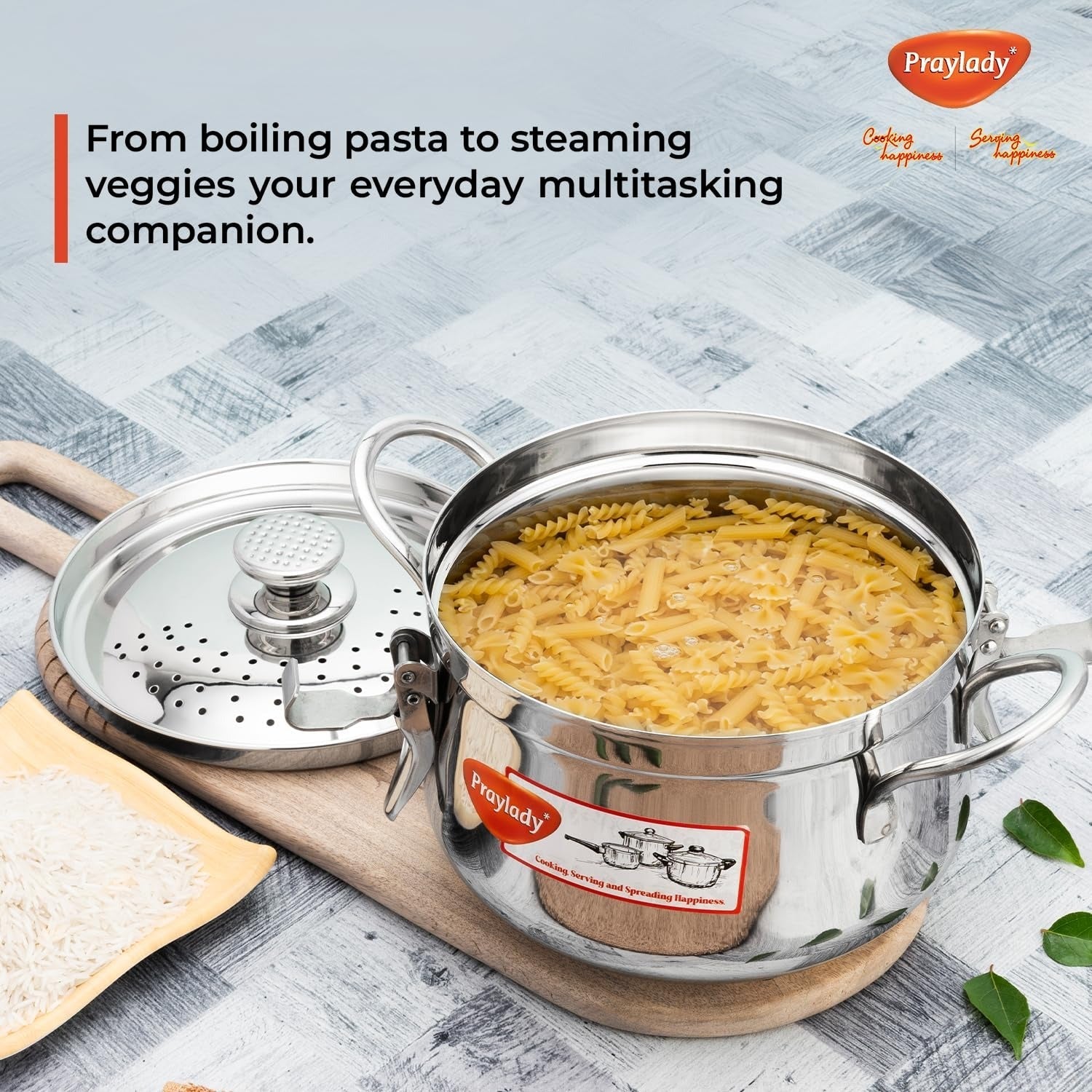 PrayLady Baby Boss Stainless Steel Strainer Pot with Lock Pasta Rice Vegetable Induction Base