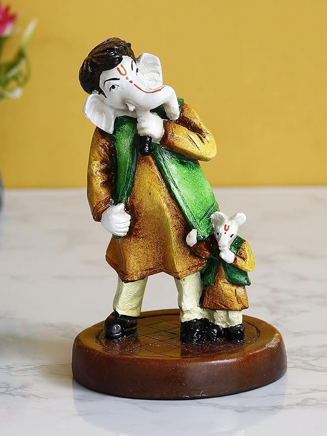 Ecraftindia Handcrafted Polyresin Lord Ganesha Idol Singing With Mushak Statue Decorative Showpiece Perfect for Music Lovers
