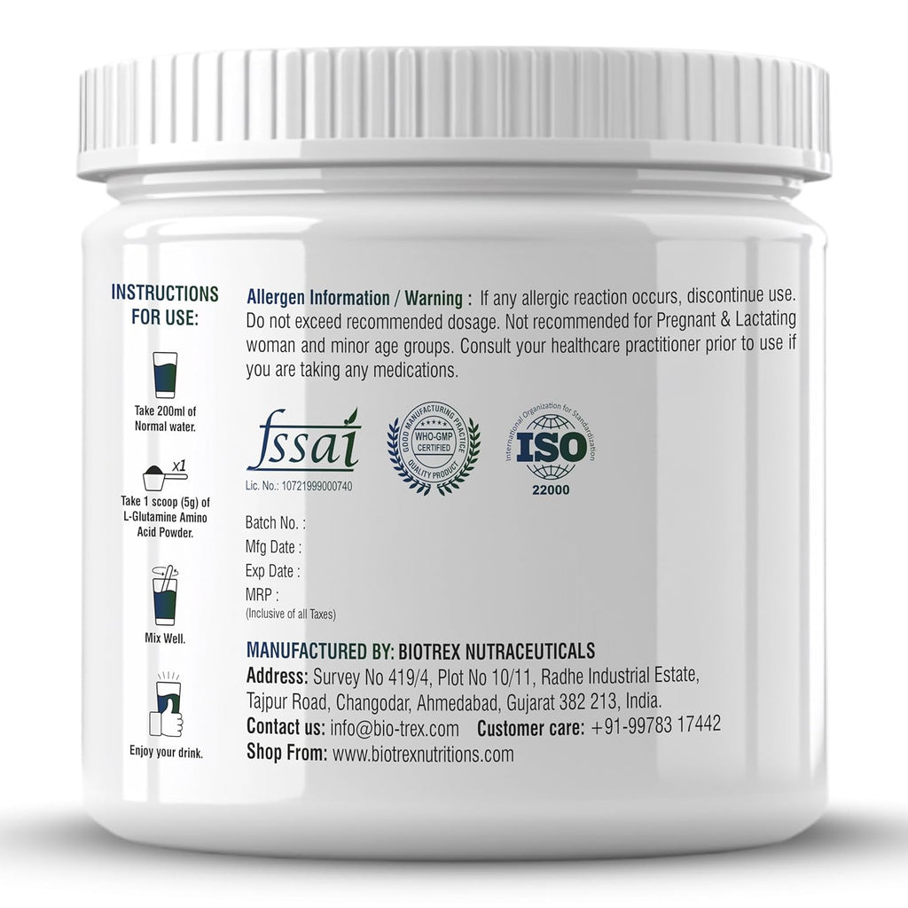 Biotrex Nutraceuticals L Glutamine Amino Acid Powder 5000mg Per Serving | Preworkout & Muscle Growth | Immune & Gut Health | Enhances Endurance | Unflavoured - 250Gram (50 Serving)