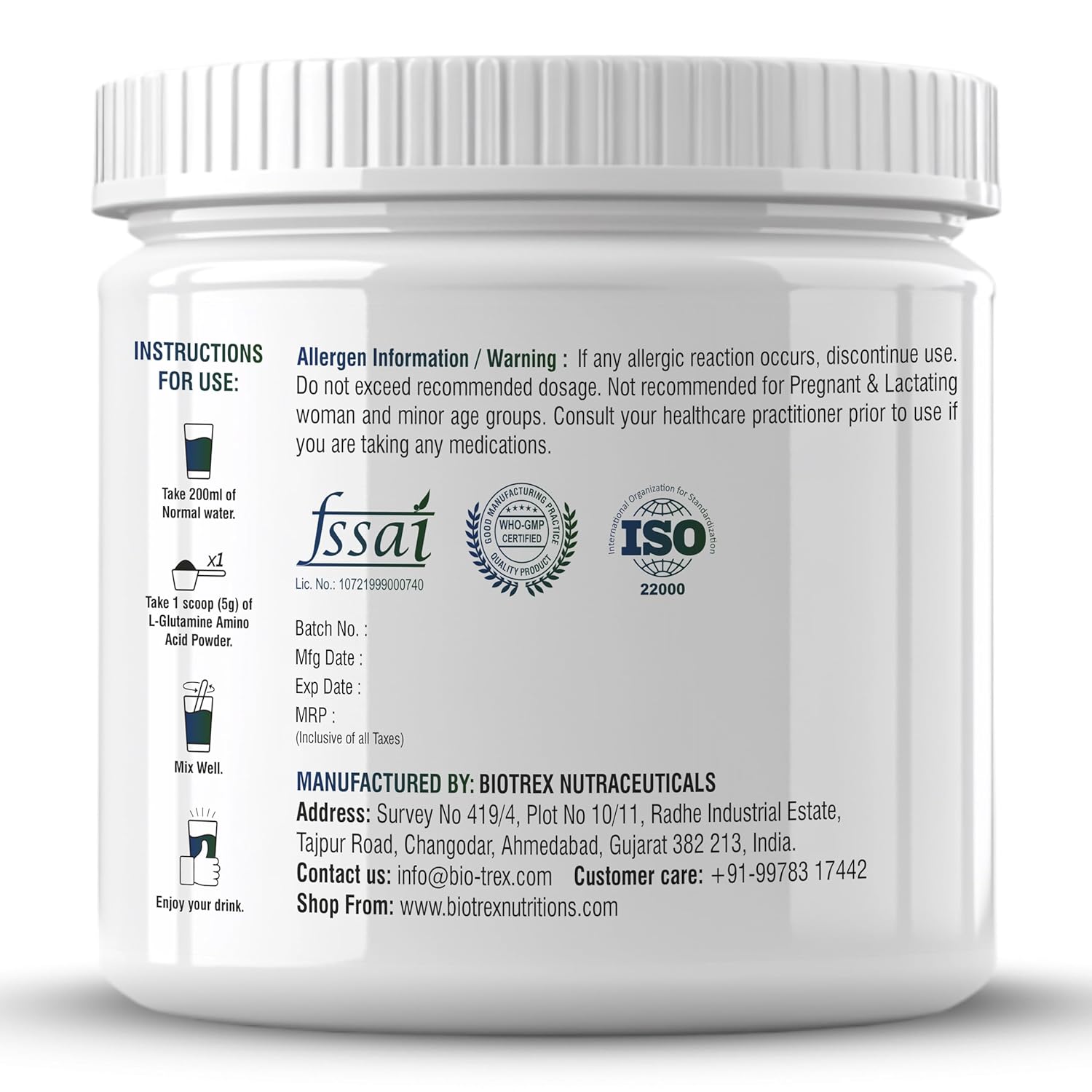 Biotrex Nutraceuticals L Glutamine Amino Acid Powder 5000mg Per Serving | Preworkout & Muscle Growth | Immune & Gut Health | Enhances Endurance | Unflavoured - 250Gram (50 Serving)