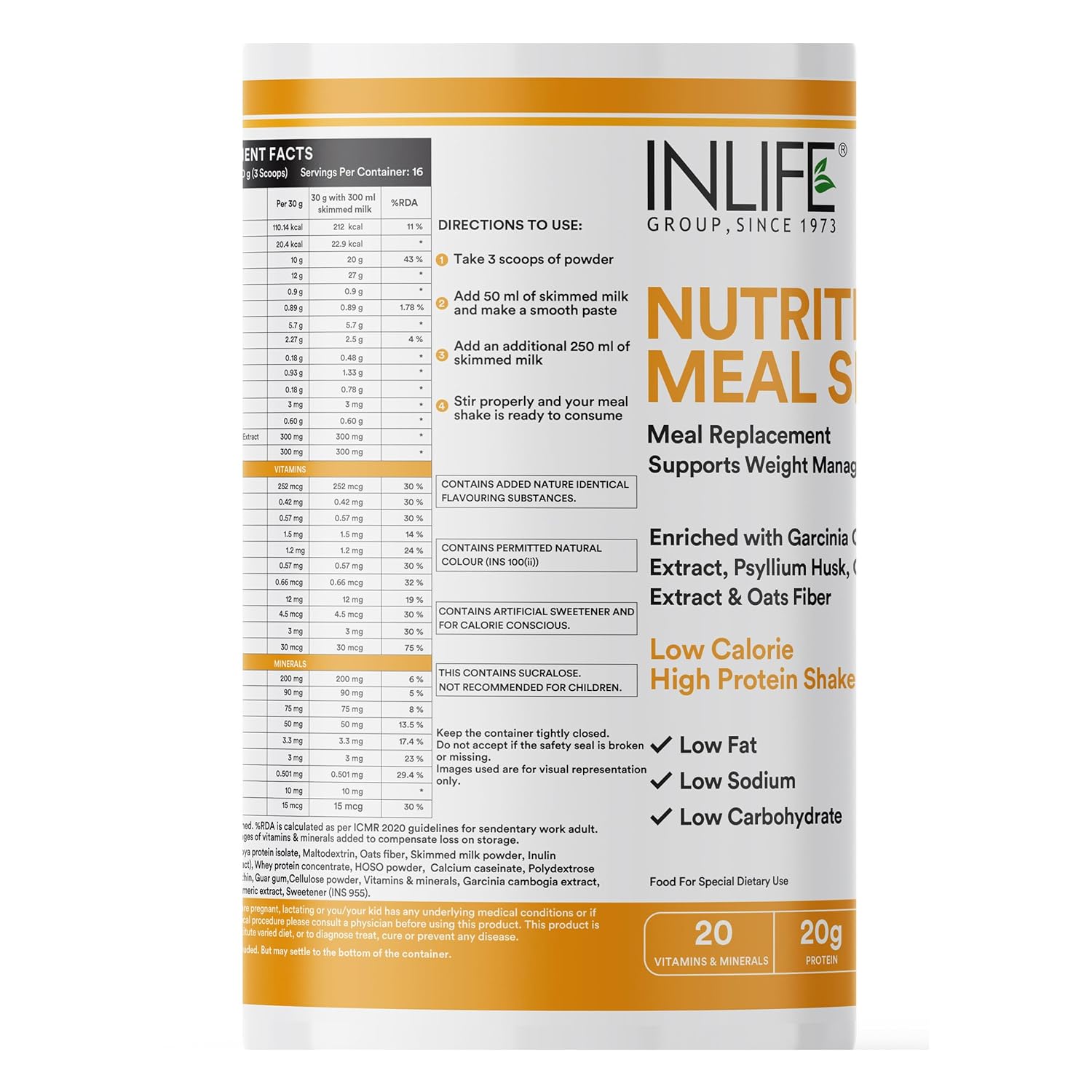 INLIFE Meal Replacement Shake | Nutritional Meal Protein Shake | Sugar Free, 20g Protein, 5g Fiber, 207 Calories, 500g (Mango)
