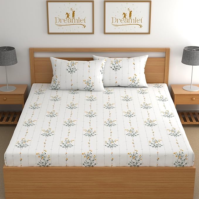 Dreamlet All Around Elastic Supersoft 210tc Premium Cotton Elastic Fitted Bedsheets With 2 King Size Pillow Covers | Off White and Yellow