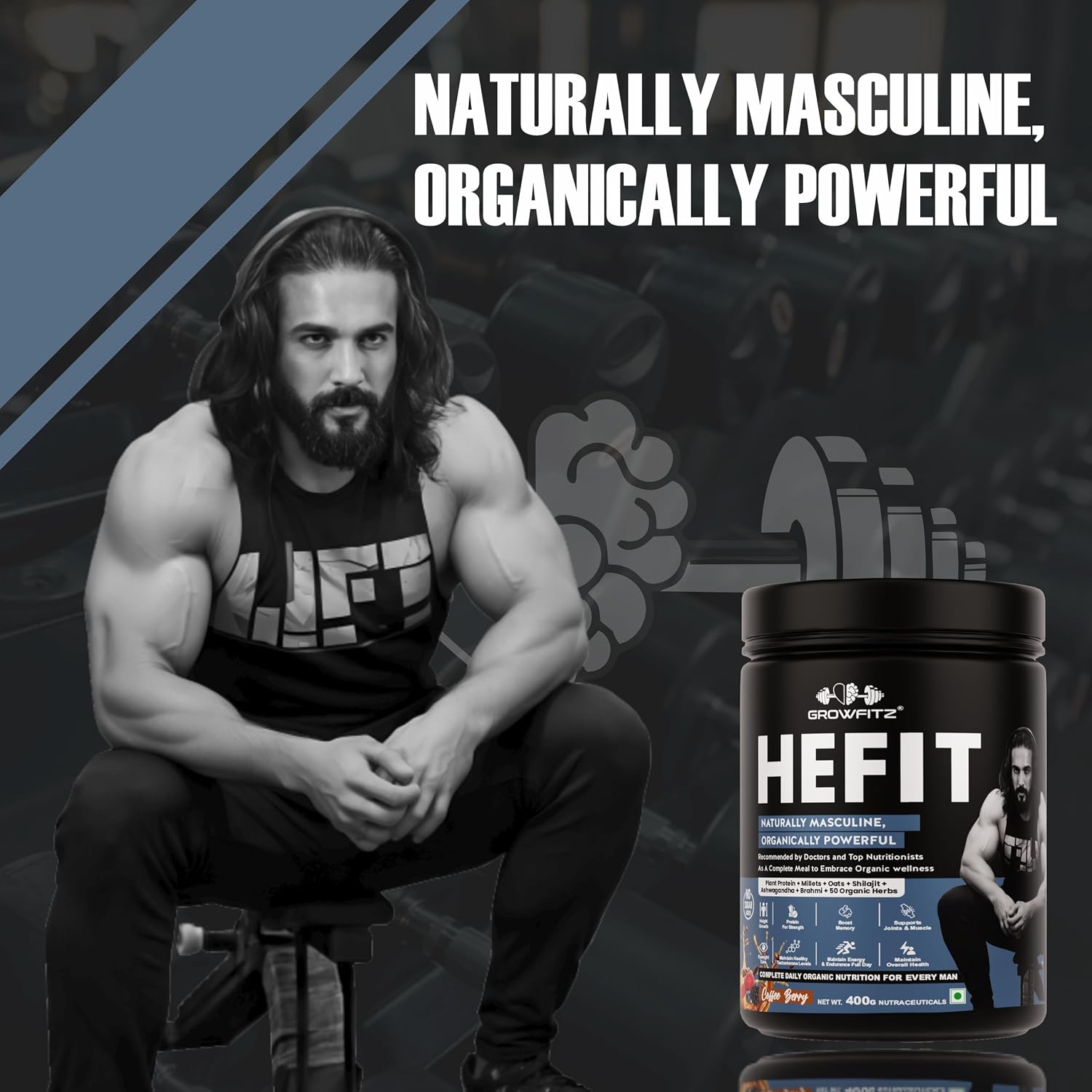 Growfit Hefit 100% Natural Plant Protein Powder 400g | 12g Protein - Pea Isolate | Easy to Digest | Meal Supplements for Muscle Growth & Recovery | 50+ Organic Herbs | No Added Sugar (Coffee Berry)