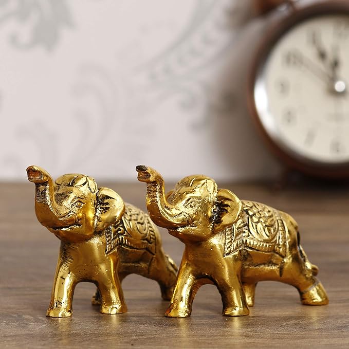 Ecraftindia Set of 2 Golden Metal Elephant Statues for Good Luck | Animal Figurines Decorative Elephant Showpieces