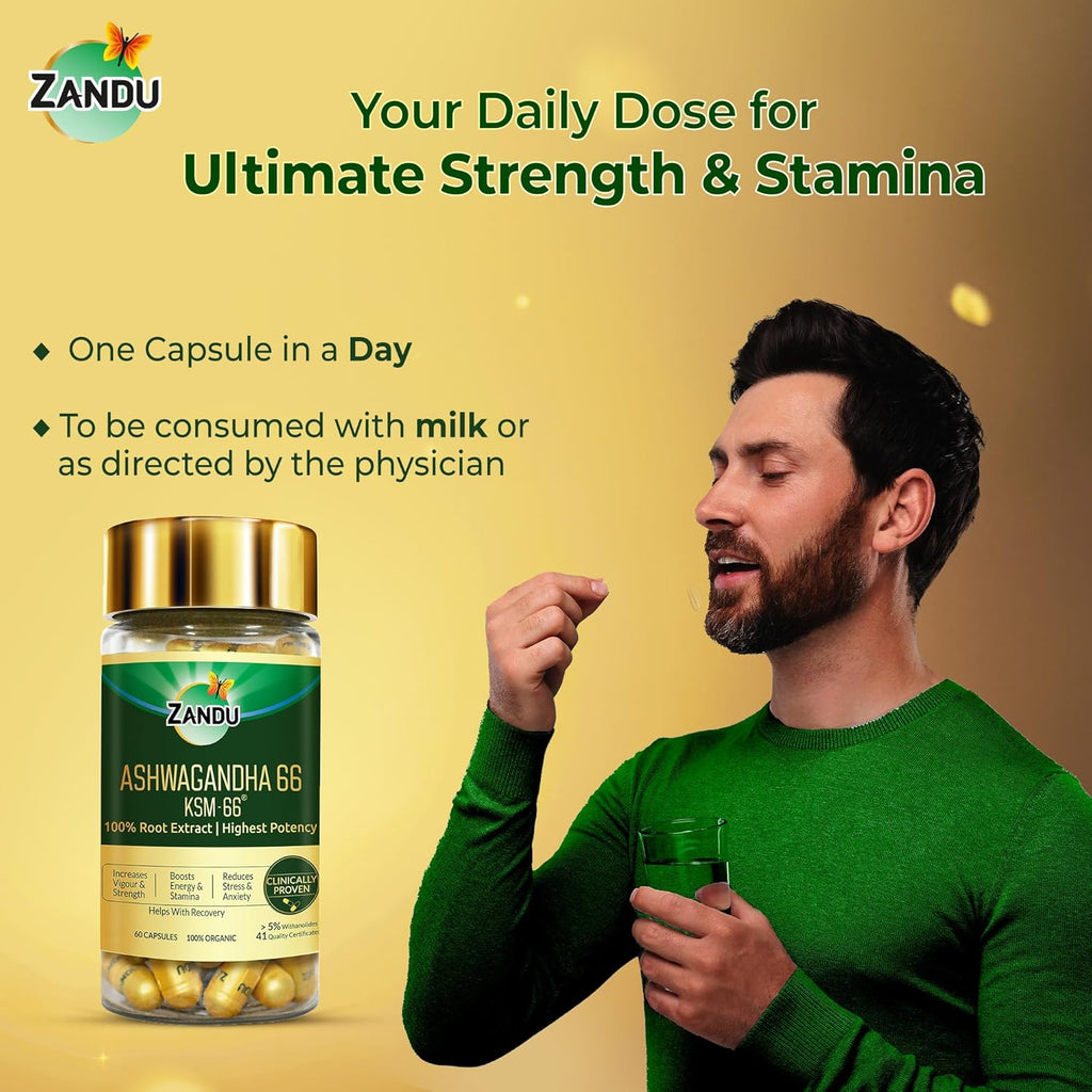 Zandu Ashwagandha KSM-66 (600 mg high dose formula) Tablets | Clinically Proven for 72% Decrease in stress and anxiety levels I Boosts Energy & Strength | 60 tablets I 100% Pure Root Extract