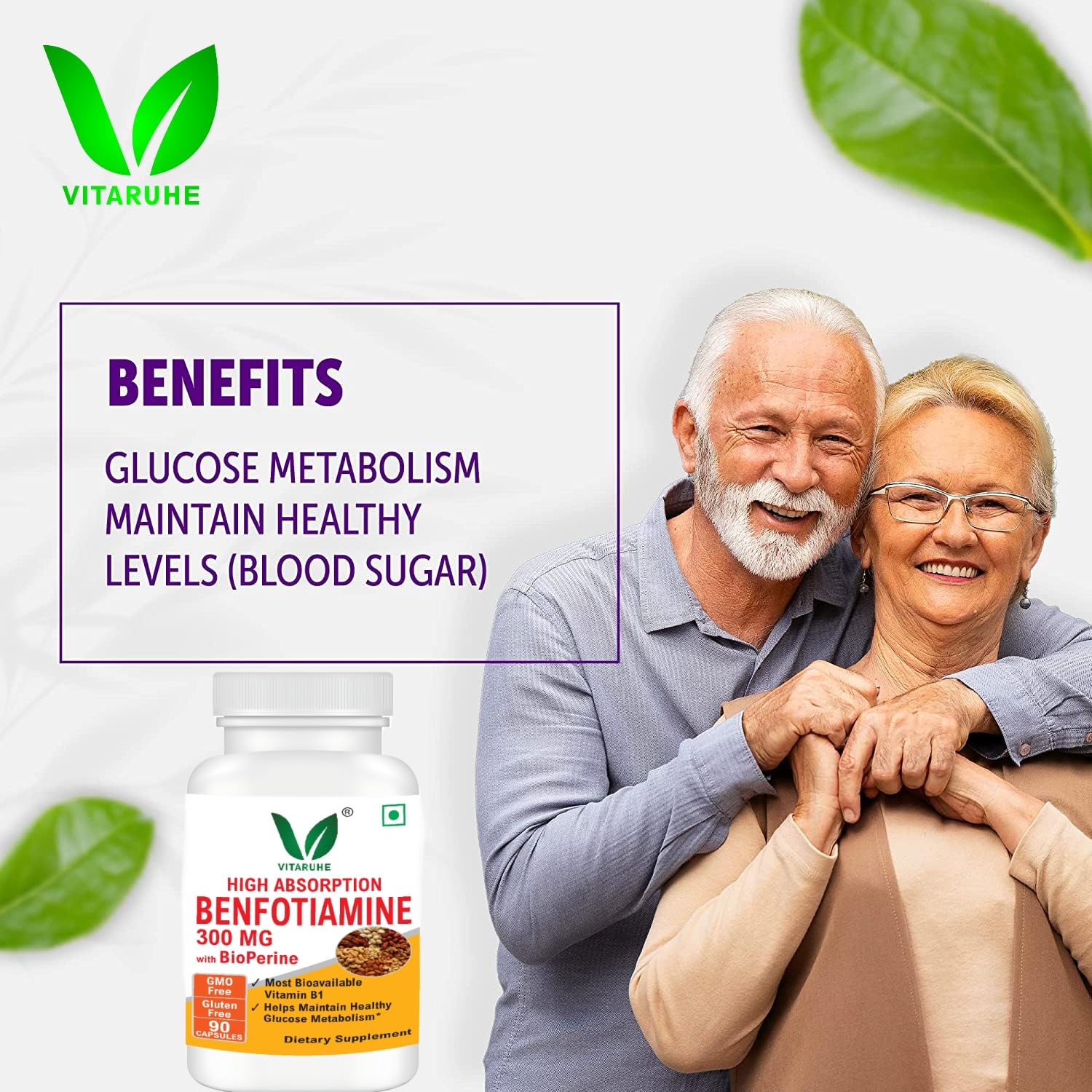VITARUHE® Benfotiamine 300 Mg With Bioperine, Helps Maintain Blood Sugar Levels Supplement, 90 Capsules
