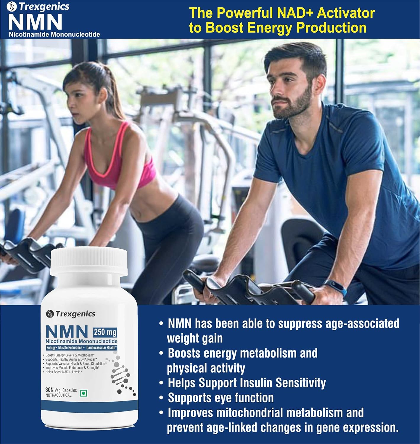 Trexgenics NICOTINAMIDE-MONONUCLEOTIDE(NMN)250 NAD + Booster Energy, Muscle Endurance, Cardiovascular Health VEGAN & NON-GMO (30 Veg Capsules)