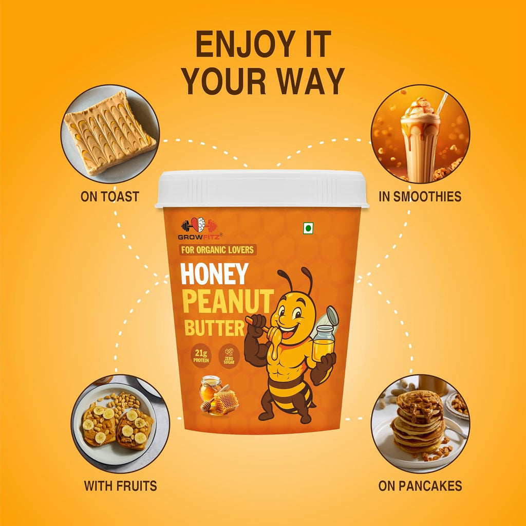 Growfitz Honey Peanut Butter 400g | 21g High Protein | Roasted Peanut With Added B-12 & Minerals for Brain & Heart Health, Zero Added Sugar | Tasty & Healthy Bread Spread (Pack of 1)