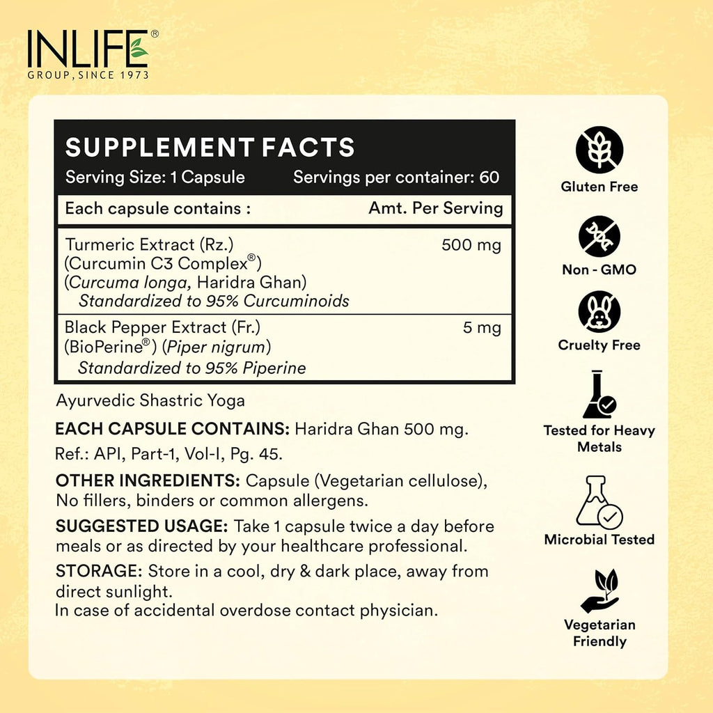 INLIFE Curcumin C3 Complex (95% Curcuminoids) 500 mg Turmeric with BioPerine (Piperine) Extract Supplement 5 mg - 60 Capsules (Pack of 1)