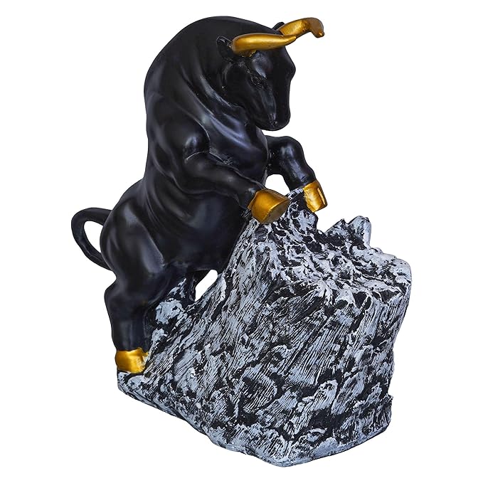 Ecraftindia Black Polyresin Bull Statue With Golden Horns & Climbing on Rock Showpiece