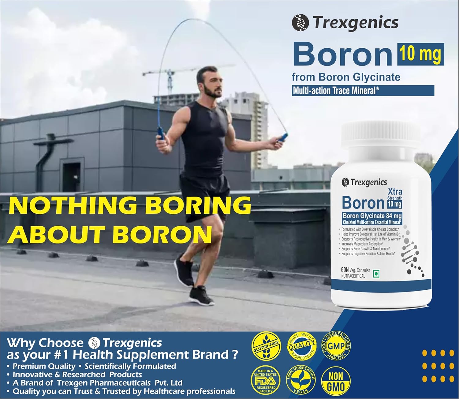 Trexgenics Boron 10 mg XTRA STRENGTH from Boron Glycinate Multi-action Mineral, Bone, Cognitive Function, Reproductive & Joint Health ((60 Veg Capsules)