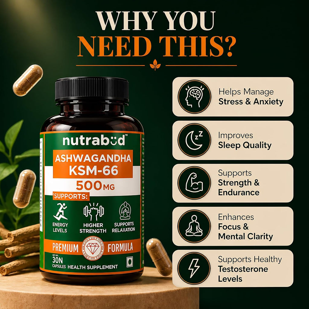 Nutrabud Ashwagandha KSM66 500mg - 30 Capsules - KSM 66 Ashwagandha Tablets for Men & Women - 5% Withanolides for Stress Relief, Energy & Recovery Support (30 Count (Pack of 1), Unflavoured)