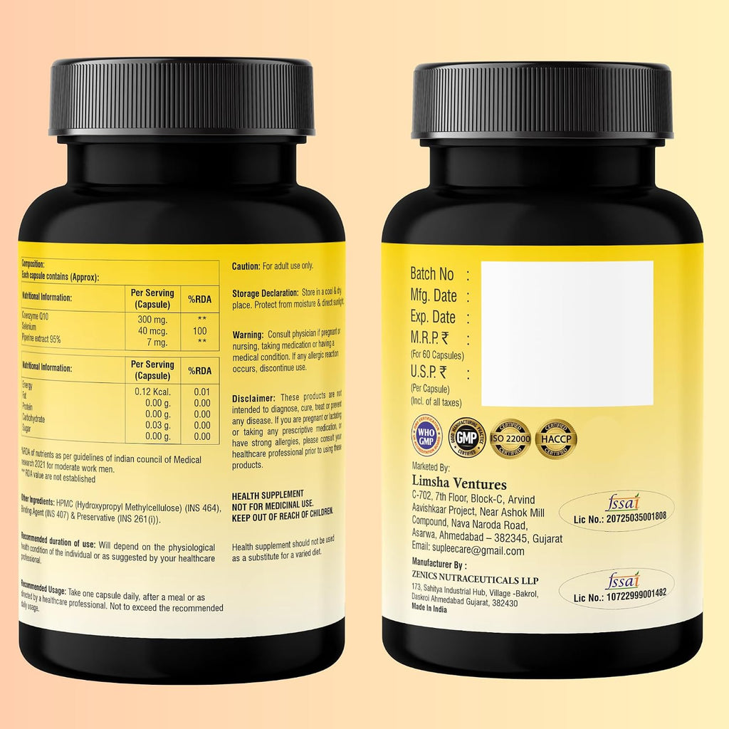 Suplee CoQ10 300mg with Selenium 40mcg & Piperine 7mg | Coenzyme Q10 High Absorption Supplement for Heart Health, Energy & Antioxidant Support | 60 Veg Capsules