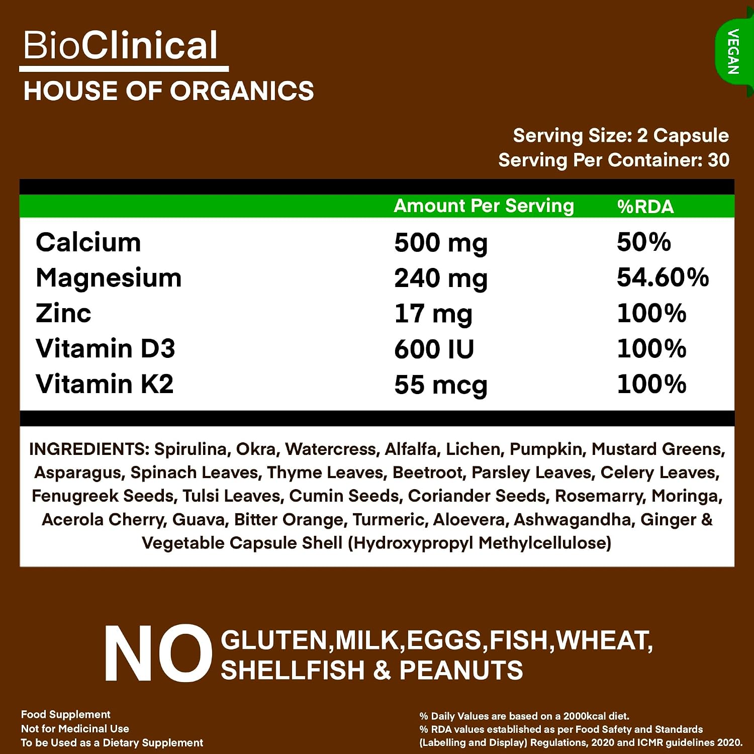 BioClinical 500mg Plant Calcium Magnesium Zinc Vitamin D3 + K2 for Joint Support & Bone Health -100% Plant Based Supplement -Made with Natural Ayurvedic Herbs & Plant Extracts - 60 Veg Capsules