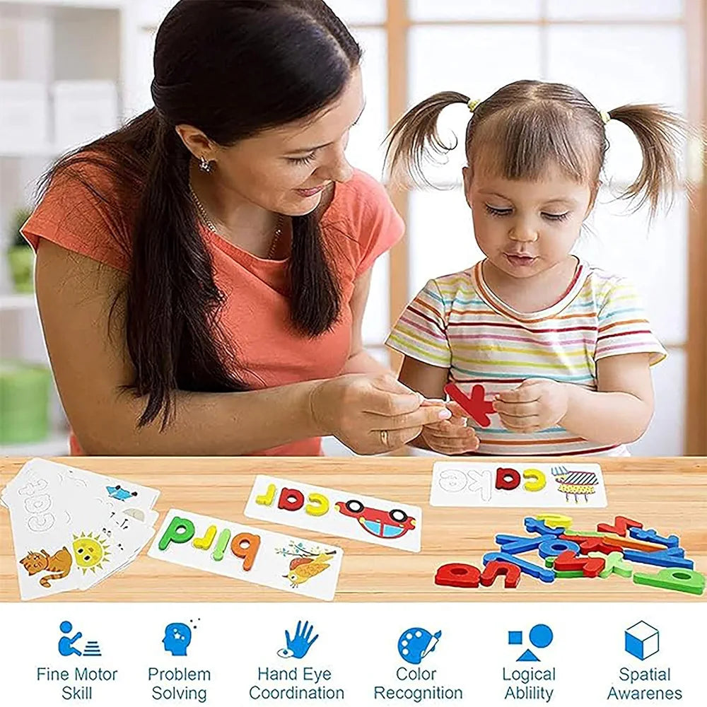 Wishkey Wooden Spelling Game for Kids, Early Education Word Making Game with Flash Cards and Alphabets, Non-Toxic, Educational Toy