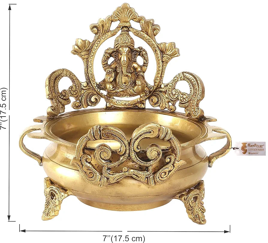 Two Moustaches Brass Ethnic Carved Ganesha Design 7 Inches Brass Urli Decor Bowl Golden Brass