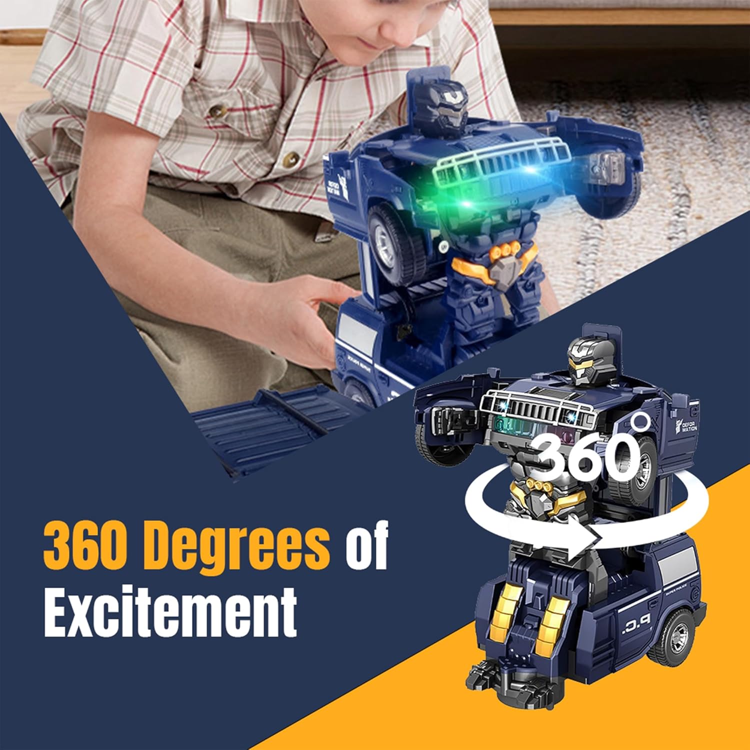 Kidology Transforming Robot Car Black With Light Police Cars for Kids