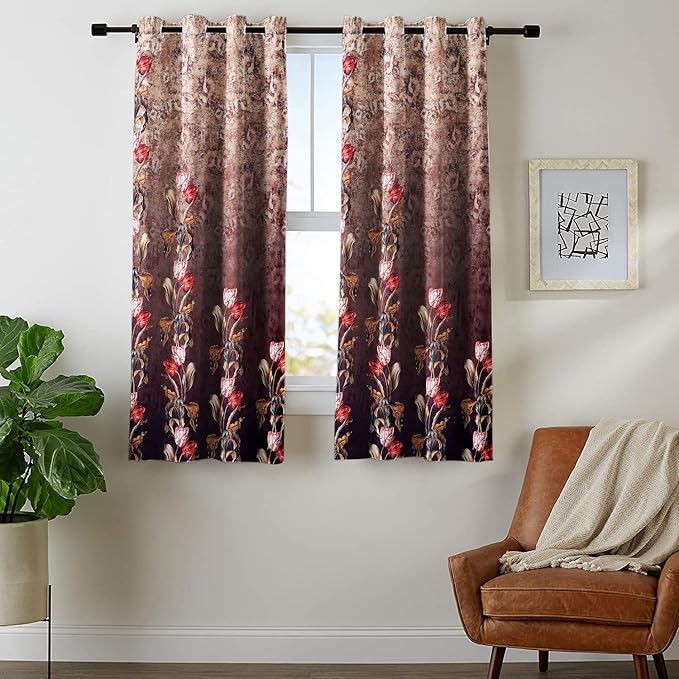 Nendle Polyester Floral Digitally Printed Window Curtains 5 Feet Long Set of 2 (Multicolor Brown, 5 Feet Long)