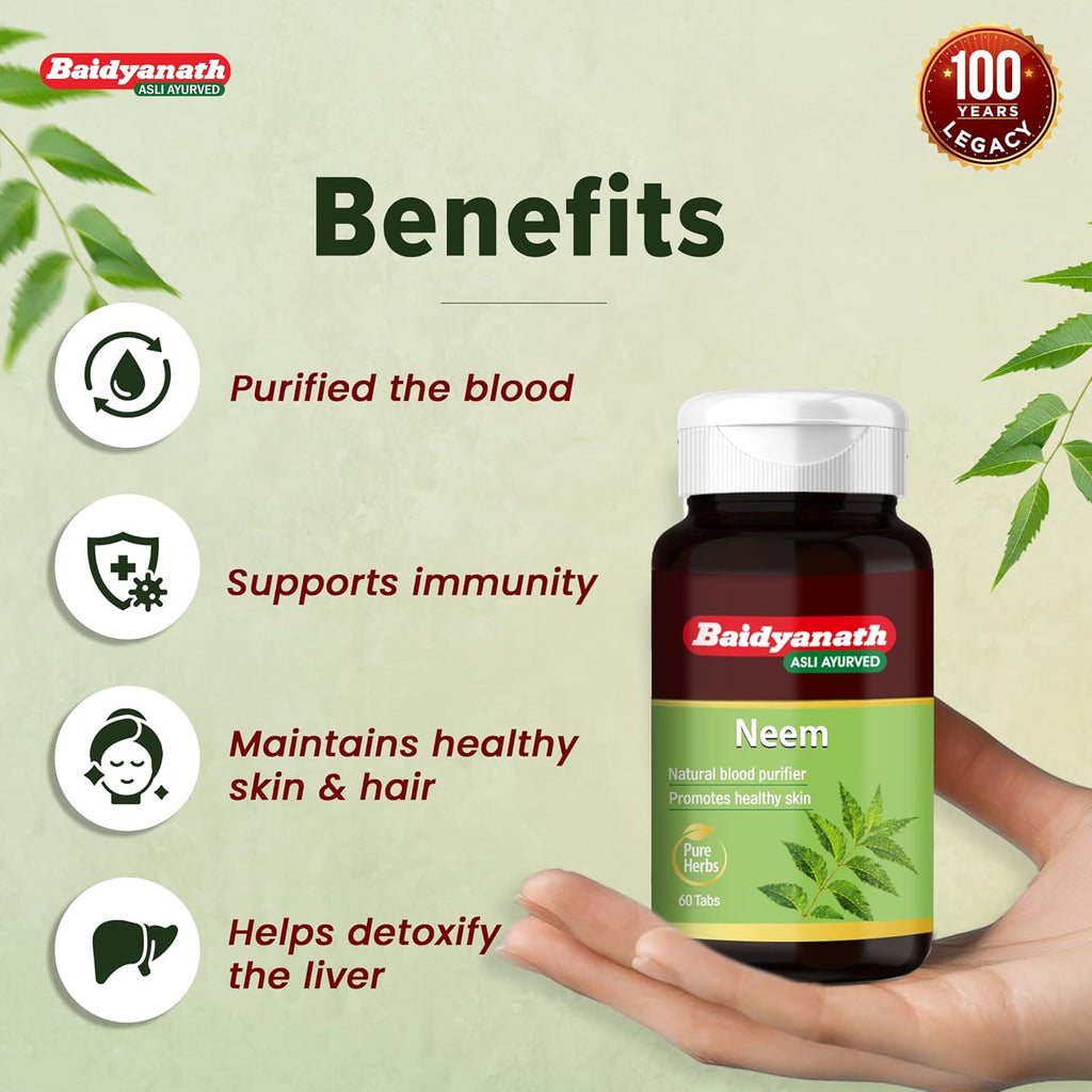 Baidyanath Neem - 60 Tablets | Ayurvedic Neem Extract Supplement | Supports Skin Health, Liver Function & Daily Detox |