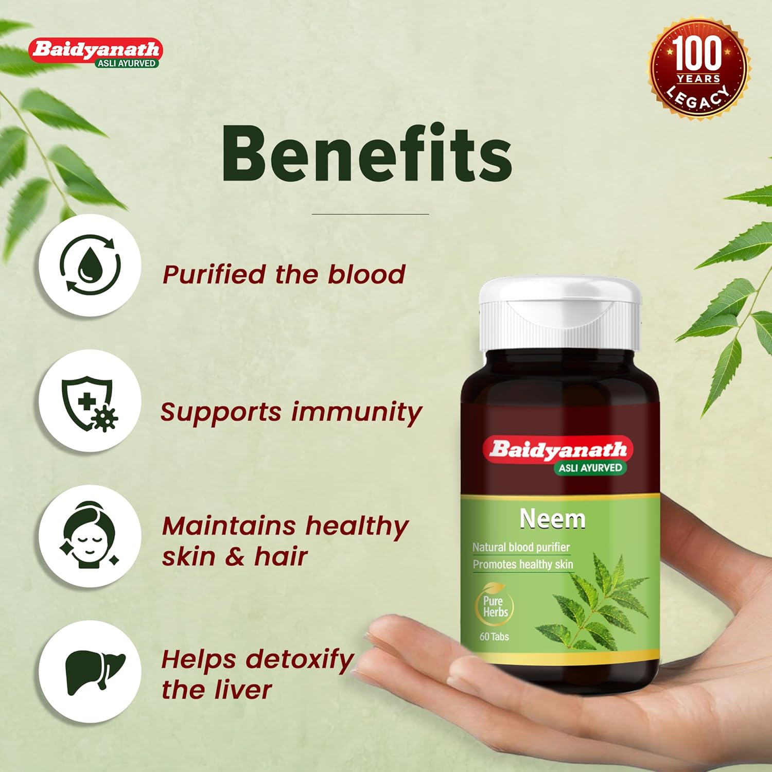 Baidyanath Neem - 60 Tablets | Ayurvedic Neem Extract Supplement | Supports Skin Health, Liver Function & Daily Detox |