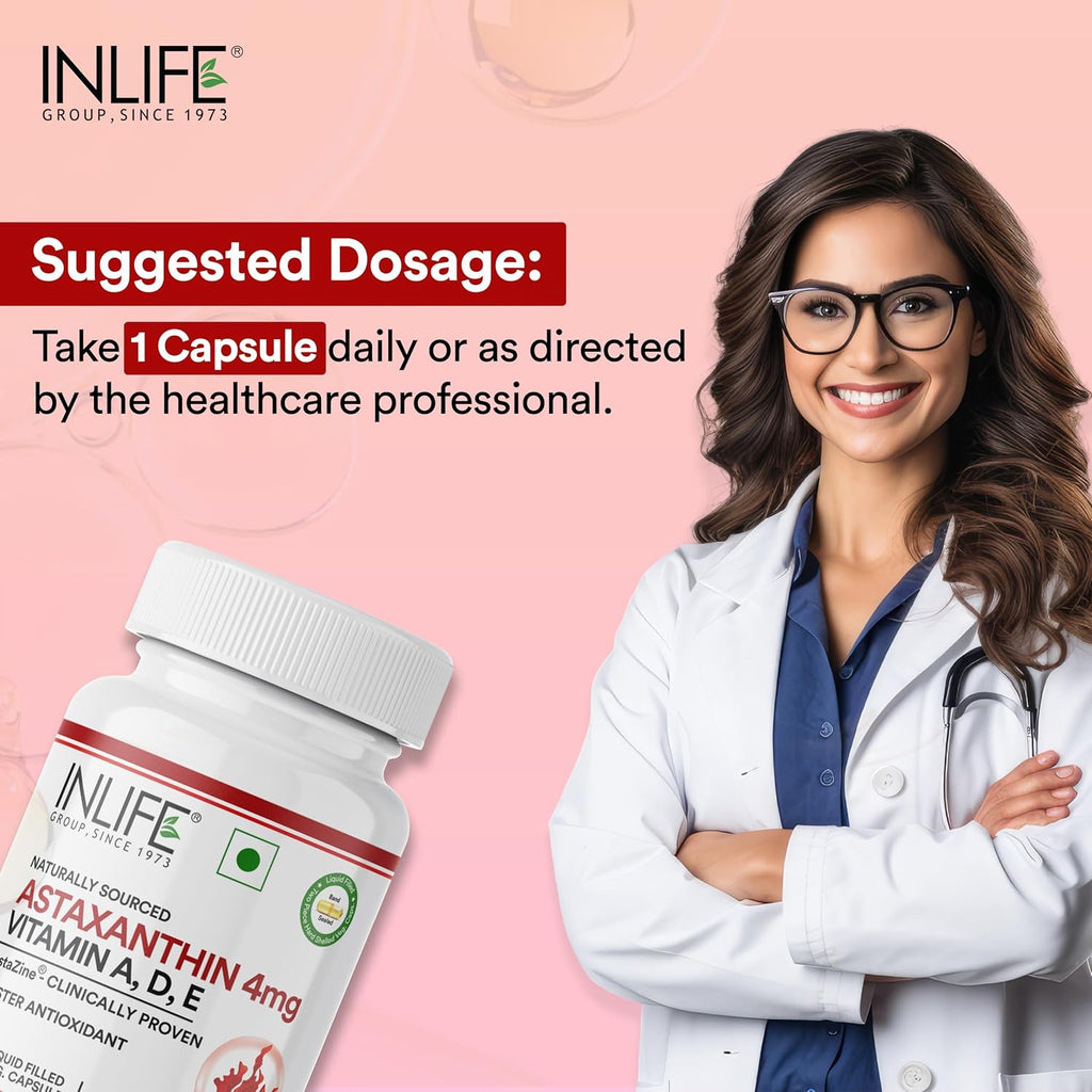 INLIFE Astaxanthin 4 mg Supplement AstaZine | Natural Antioxidant Supplement with Vitamin A, D3 & E â€“ High Absorption Formula â€“ 30 Liquid Filled Vegetarian Capsules