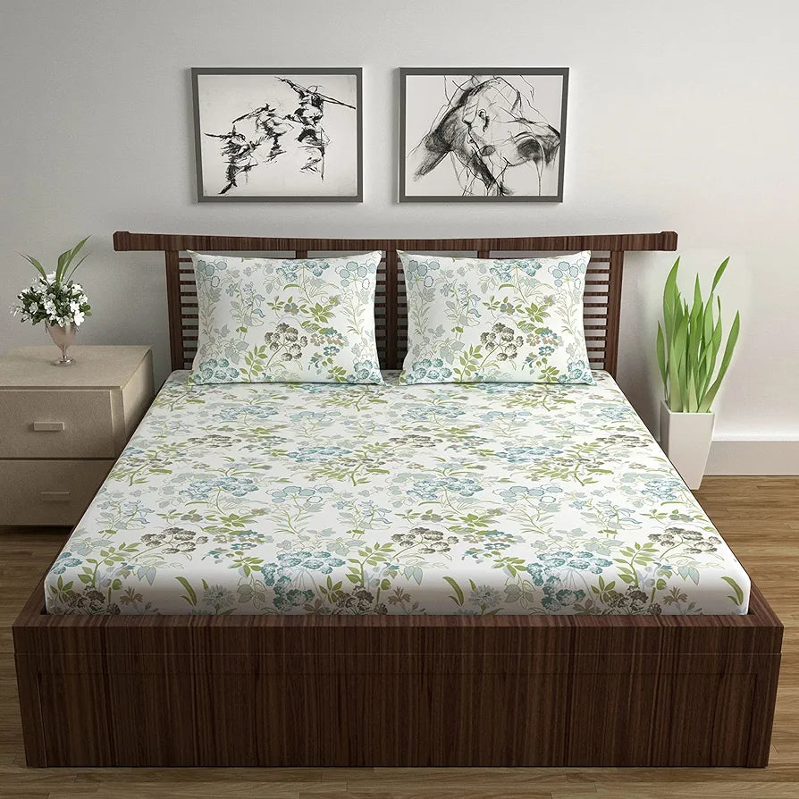 Divine Casa 144 TC Super Soft 100% Cotton Bedsheet for Double Bed  144 Thread Count Floral Colour Green Blush