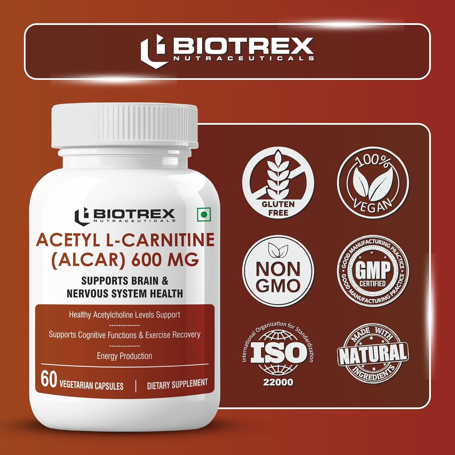 Biotrex Nutraceuticals Acetyl L-Carnitine (ALCAR) 600mg | Nervous System, Cognitive Function & Mitochondrial Metabolism | Energy Production - 60 Veg Capsules