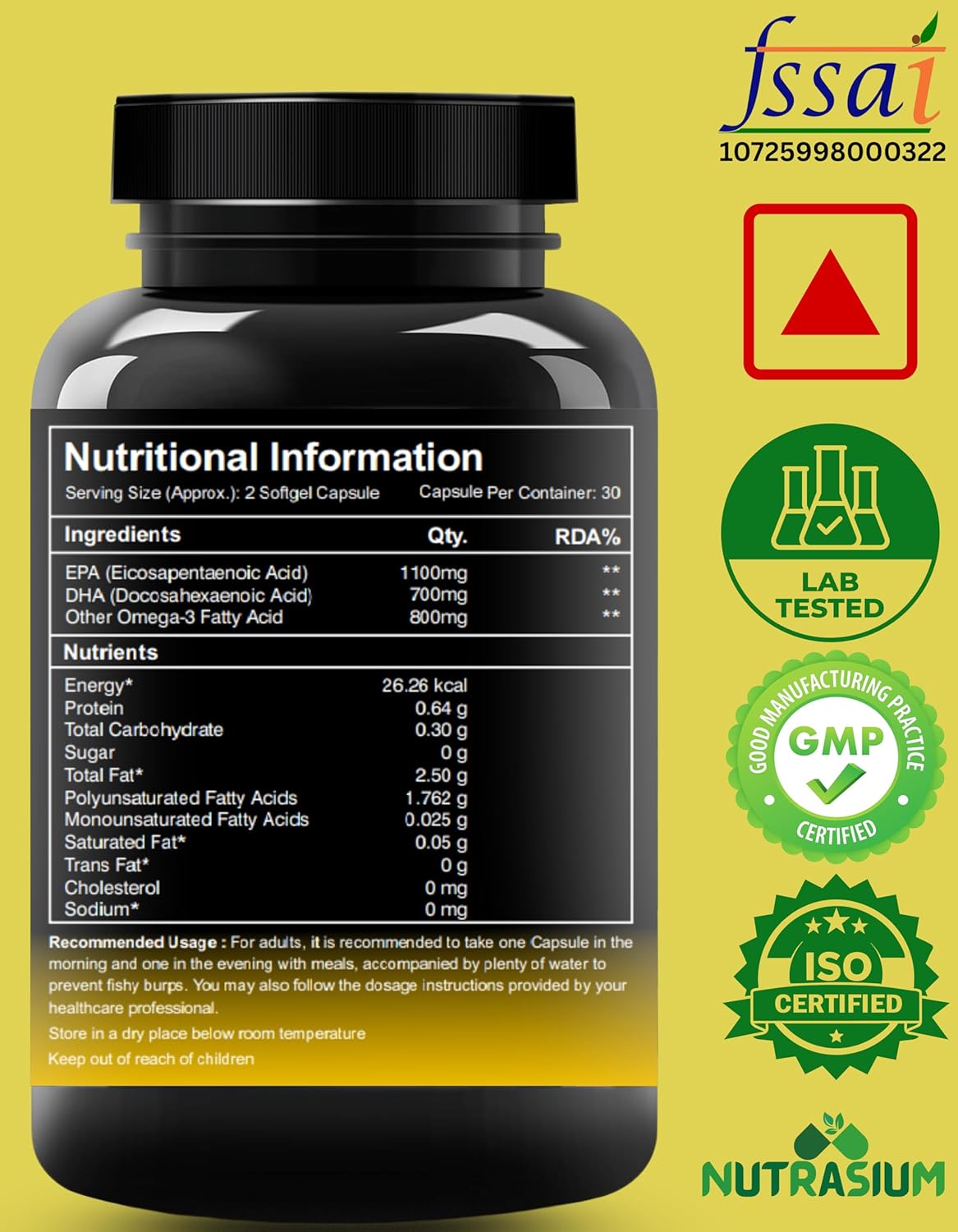 Nutrasium | Triple Strenght Omega-3 Fish Oil 2600 mg Per Serving | For Supports Heart, Brain, Eye, Joints, Skin, and Bone Health| 60 softgel Capsules.