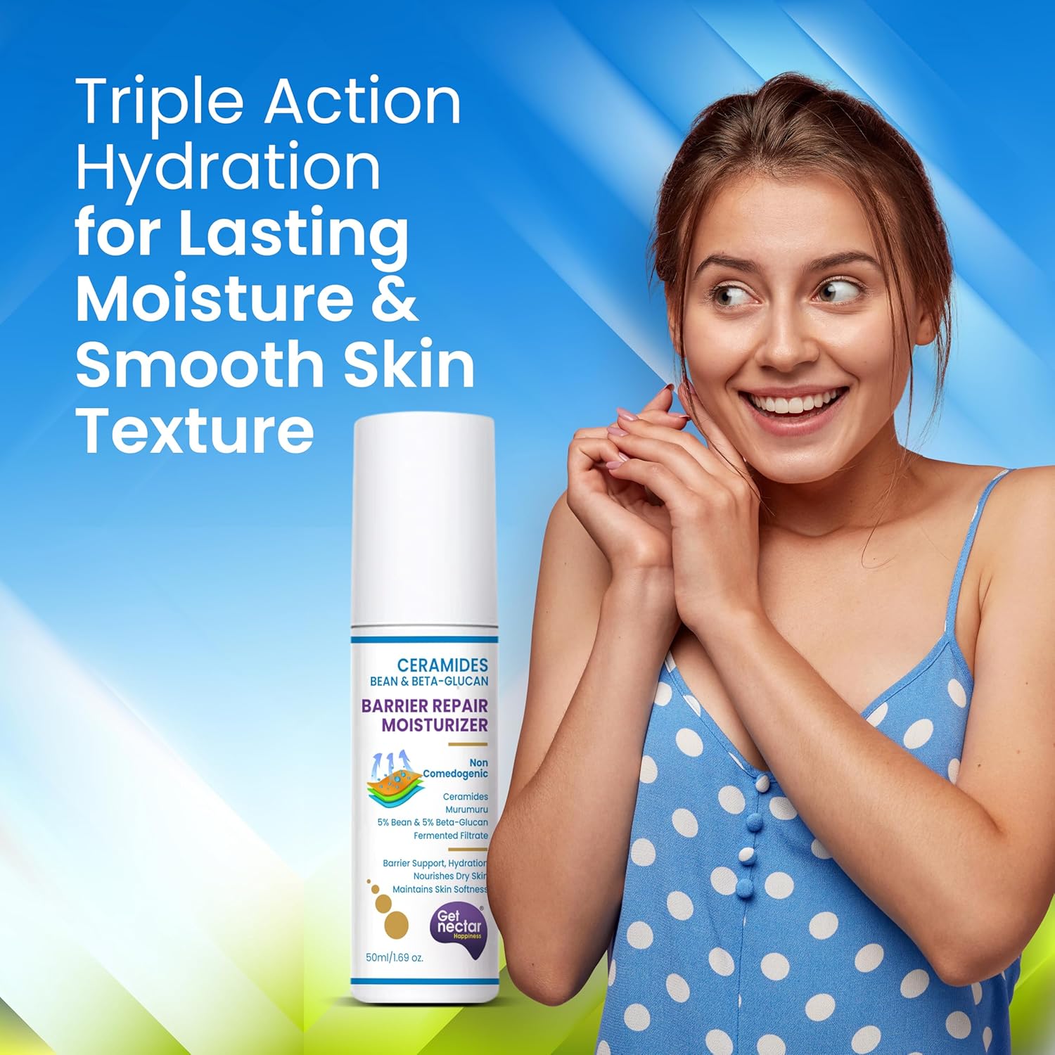 Get Nectar Happiness Barrier Repair Ceramides Moisturizer with Bean-Beta-Glucan Fermented Filtrate & Murumuru for Intense Moisturizing and Skin Strengthening 50ML