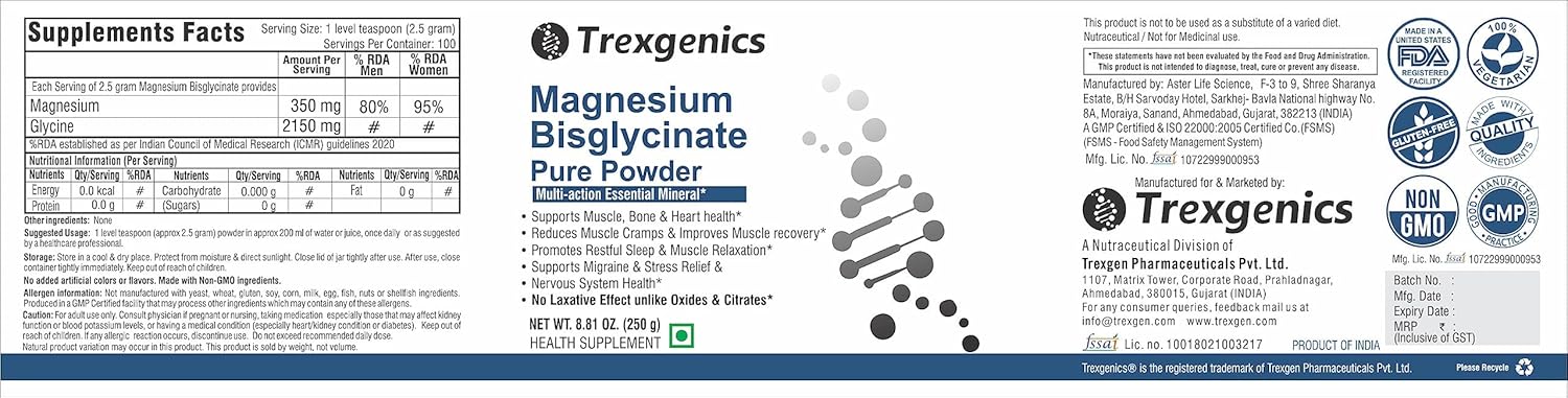 Trexgenics MAGNESIUM BISGLYCINATE PURE POWDER provides a highly bioavialble form of Magnesium, No Laxative effect, added benefits of the amino acid Glycine (Pack of 1)