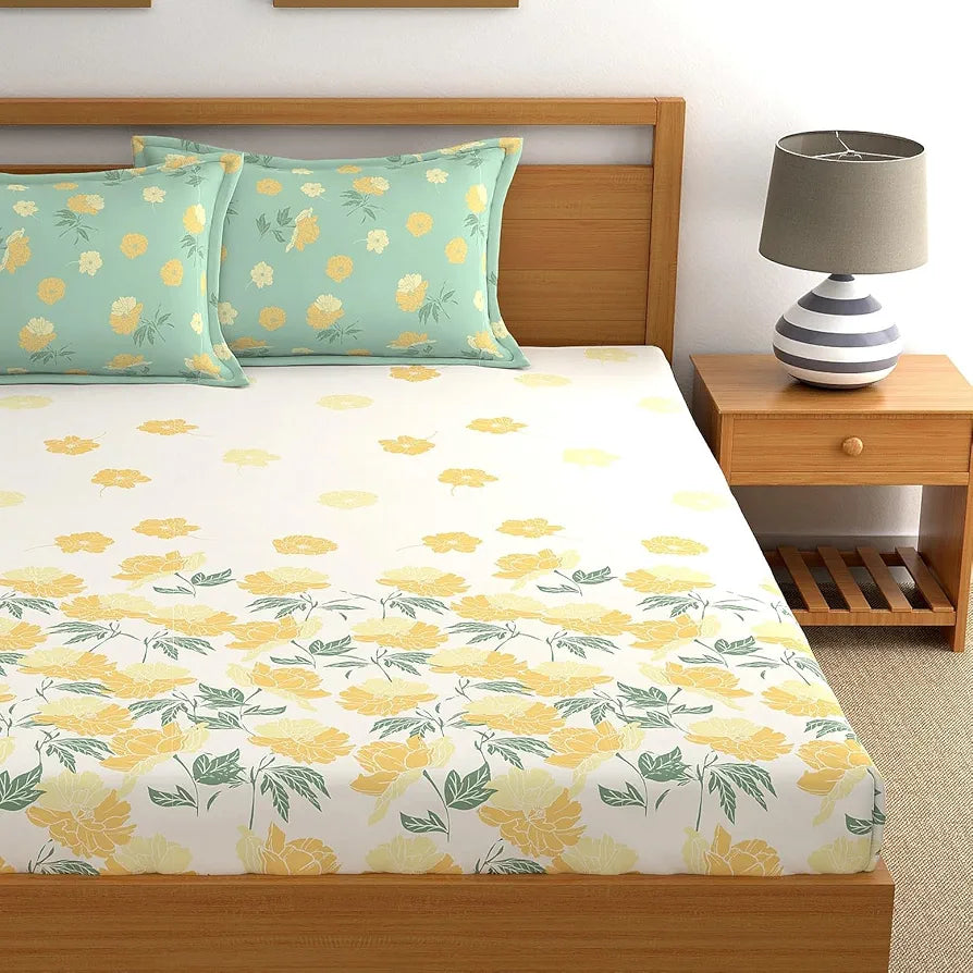 Dreamscape Cotton Floral King Fitted Bedsheet with 2 Pillow Covers Bold Beige