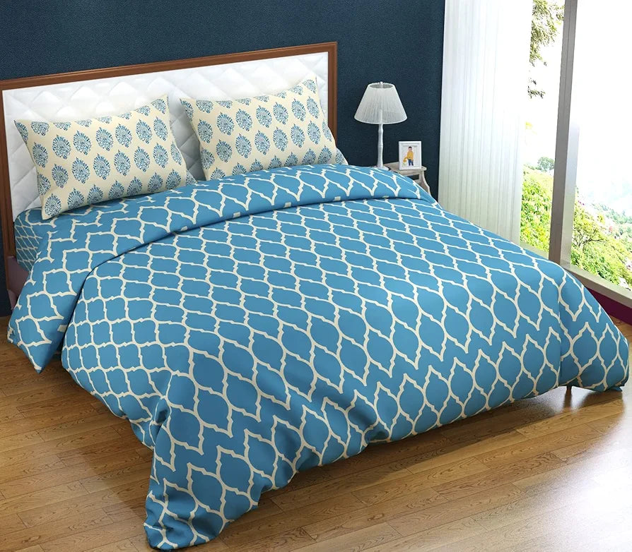 Trance Home Linen 200TC 100% Cotton Printed Zippered Duvet Cover/Blanket Cover/Quilt Cover Queen Size with 2 Pillow Covers Colour Dori & Damask Blue