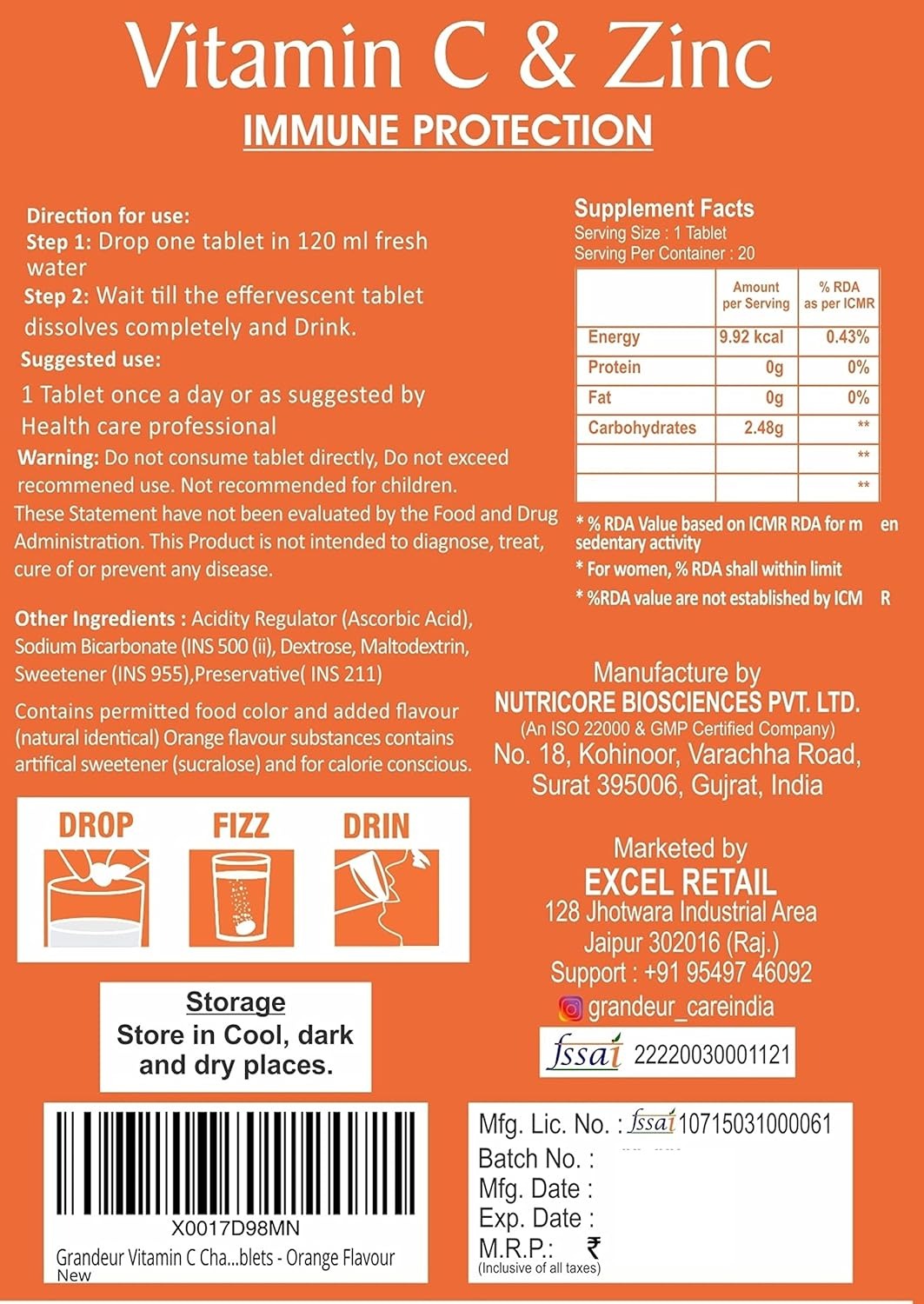 Grandeur Vitamin C Charge Immune Protection -20 Effervescent Tablets (Pack of 3)