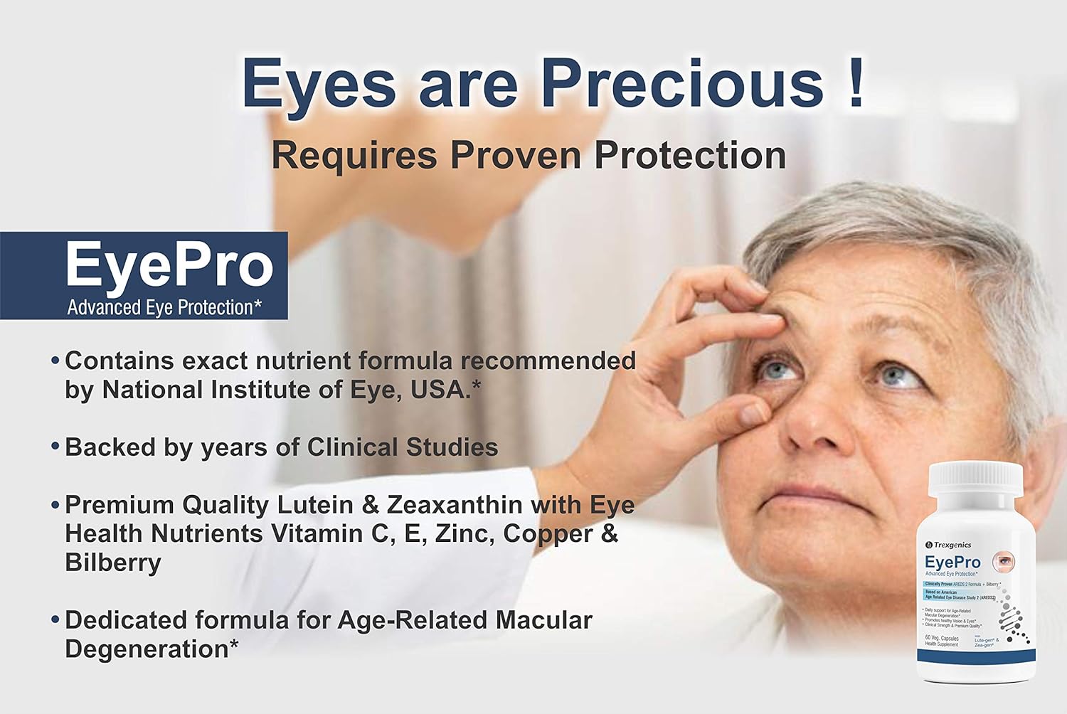 Trexgenics EyePro AREDS-2 Advanced Eye Protection formula with Researched Eye Ingredients Lutein,Zeaxanthin, Zinc, Copper & Bilberry(60 Veg. Capsules)