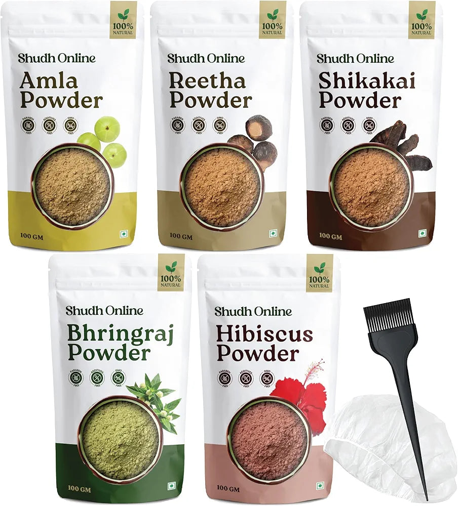 Shudh Online Amla, Reetha, Bhringraj, Shikakai & Hibiscus Powder Hair Mask for Hair Growth Pack - Each 100 gms (Pack of 5)