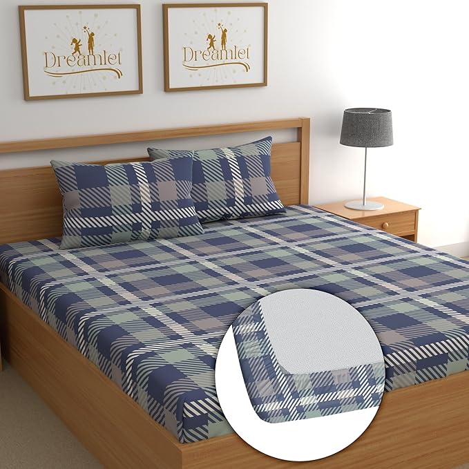 Dreamlet All Around Elastic Supersoft 210tc Premium Cotton Elastic Fitted Bedsheets With 2 King Size Pillow Covers | Blue and White