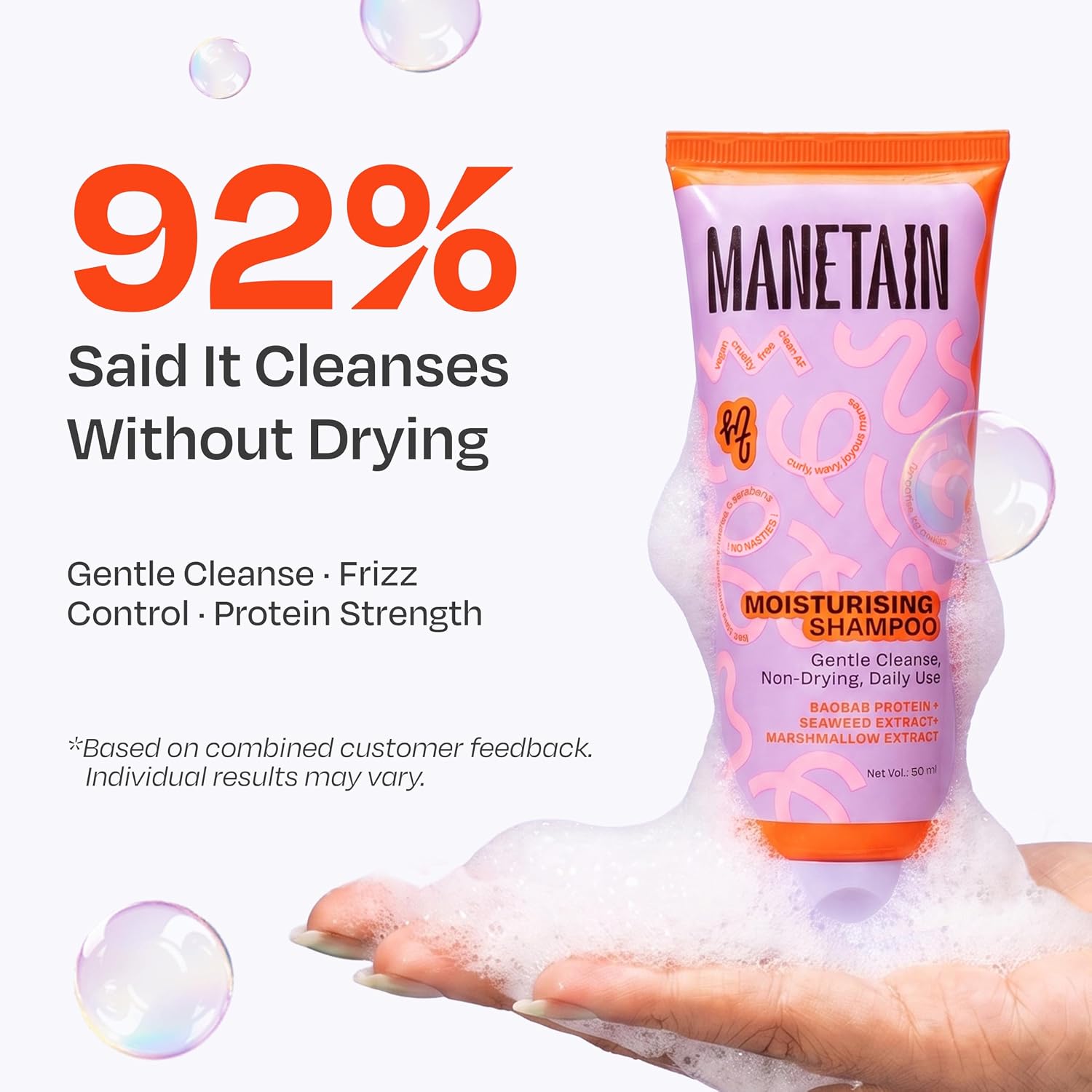 MANETAIN Moisturising Shampoo 50ml for Curly, Dry & Frizzy Hair | Sulphate & Paraben Free | Hydrates & Strengthens with Baobab Protein, Seaweed & Marshmallow Extract | CG-Friendly, Gentle Cleanser for Soft, Defined Curls