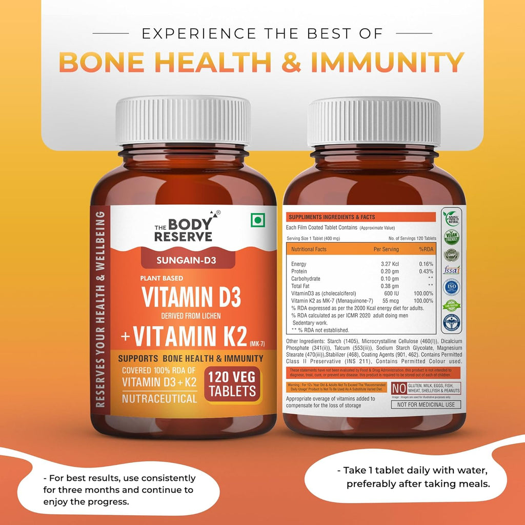 The Body Reserve Vitamin D3 K2 MK7-120 Veg Tablets, 100% RDA Plant-Based Vitamin D3 Supplement from Lichen Source with Vitamin K2 as MK7 Menaquinone