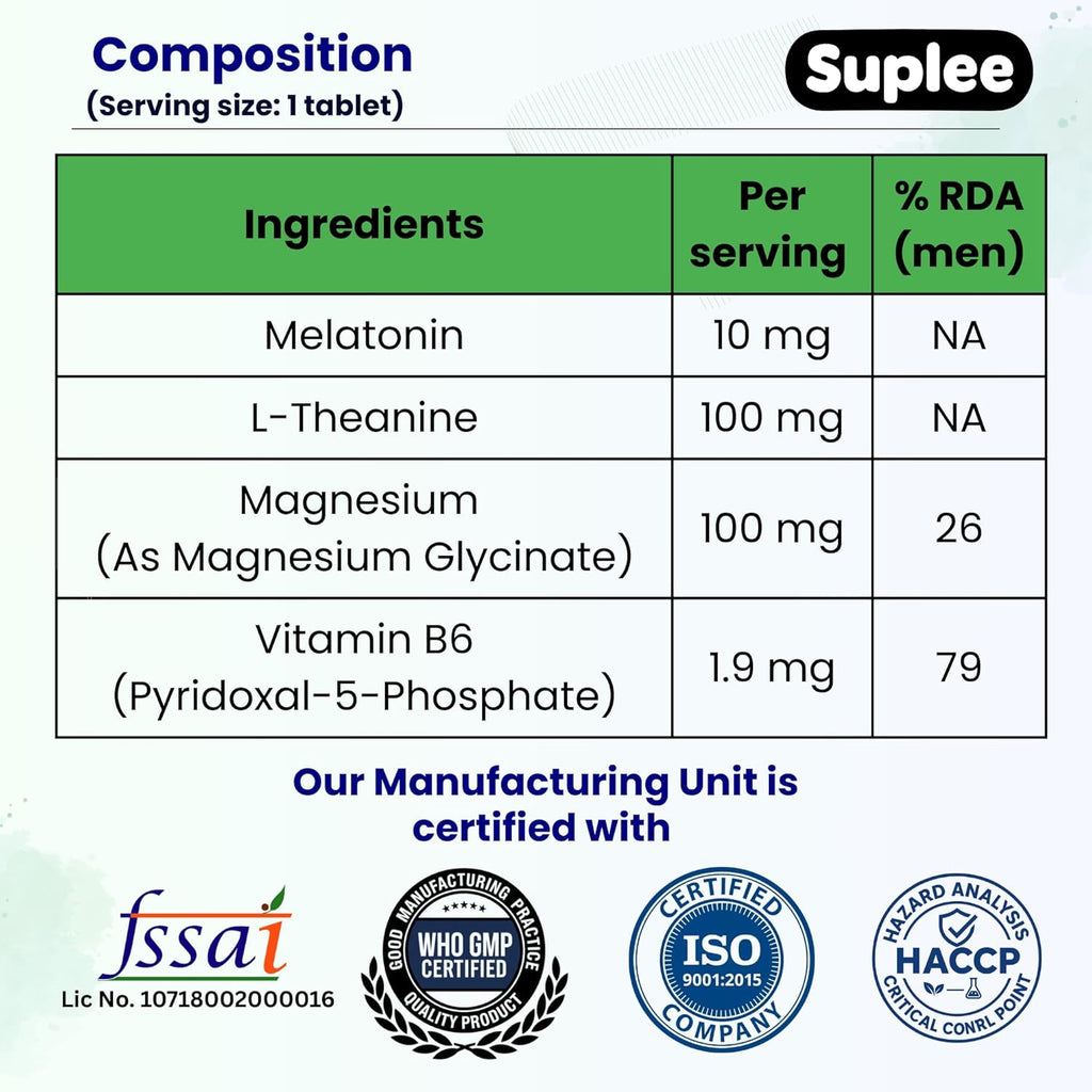 Suplee Melatonin 10mg (60 Tablets) with L-Theanine, Magnesium Glycinate & Vitamin B6 - Night Time Sleep Support Supplement - Helps with Deep Sleep & Mental Relaxation - Non-Habit Forming