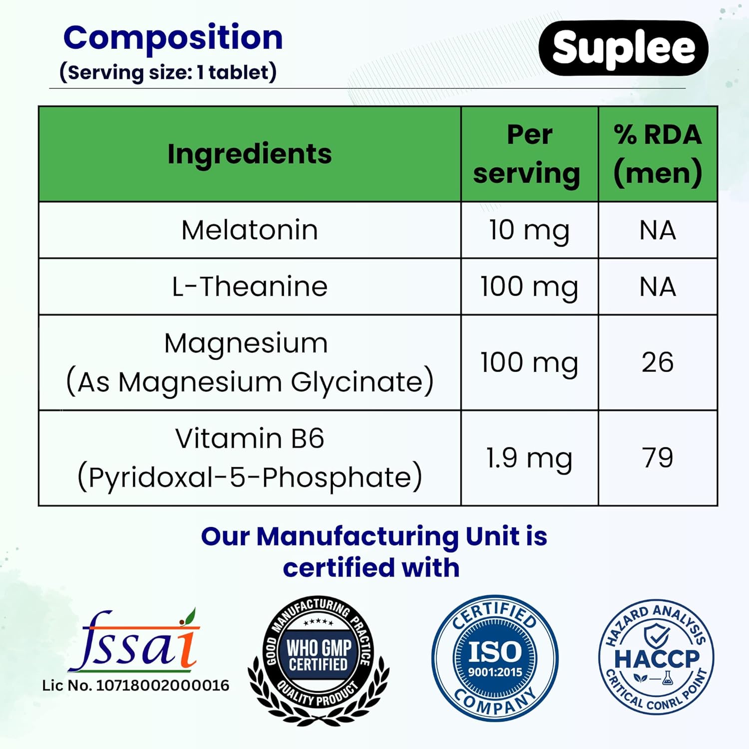 Suplee Melatonin 10mg (60 Tablets) with L-Theanine, Magnesium Glycinate & Vitamin B6 - Night Time Sleep Support Supplement - Helps with Deep Sleep & Mental Relaxation - Non-Habit Forming