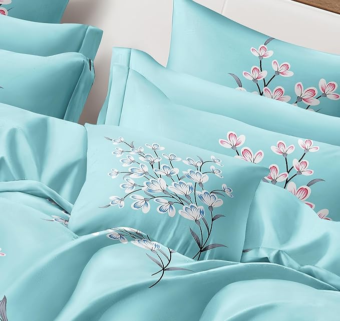 Cortina 140 Tc 100% Microfiber Printed Double Bedsheet Set With Two Pillow Case | 90x100 Inches | Leaf | Sky Blue